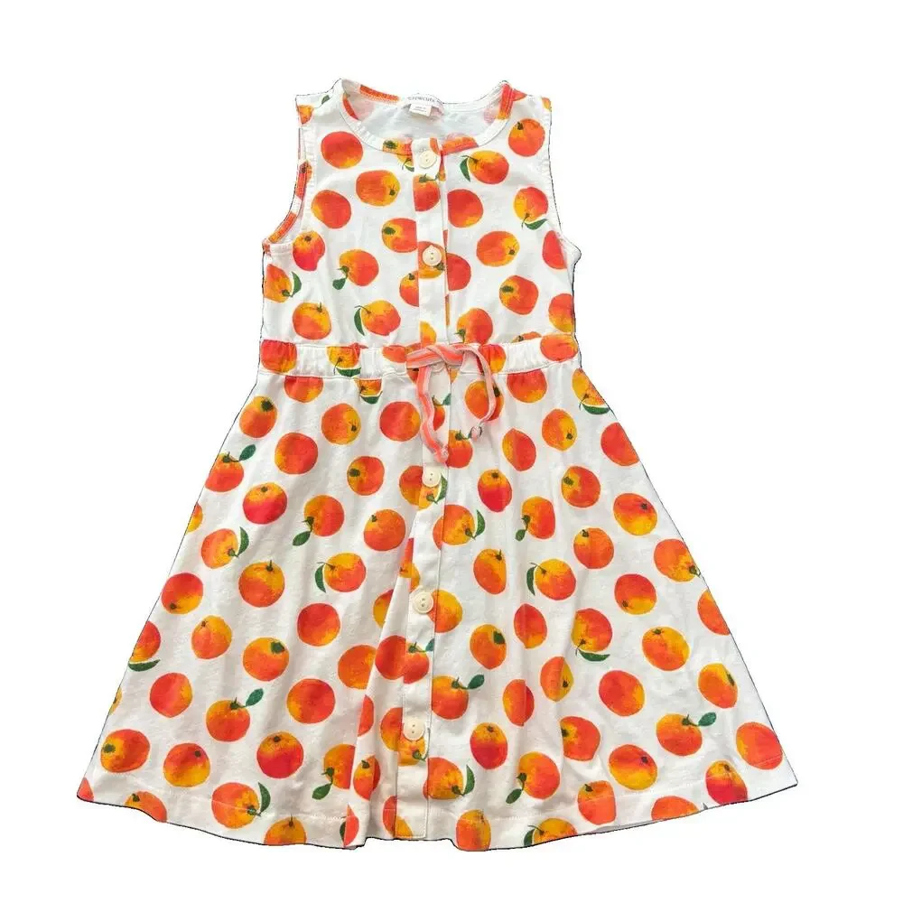 Crewcuts Sleeveless Dress Orange Fruit Print Button Front Drawstring Cotton Sz 5